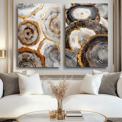 Gold Soyut Halkalar İkili Set Cam Tablo