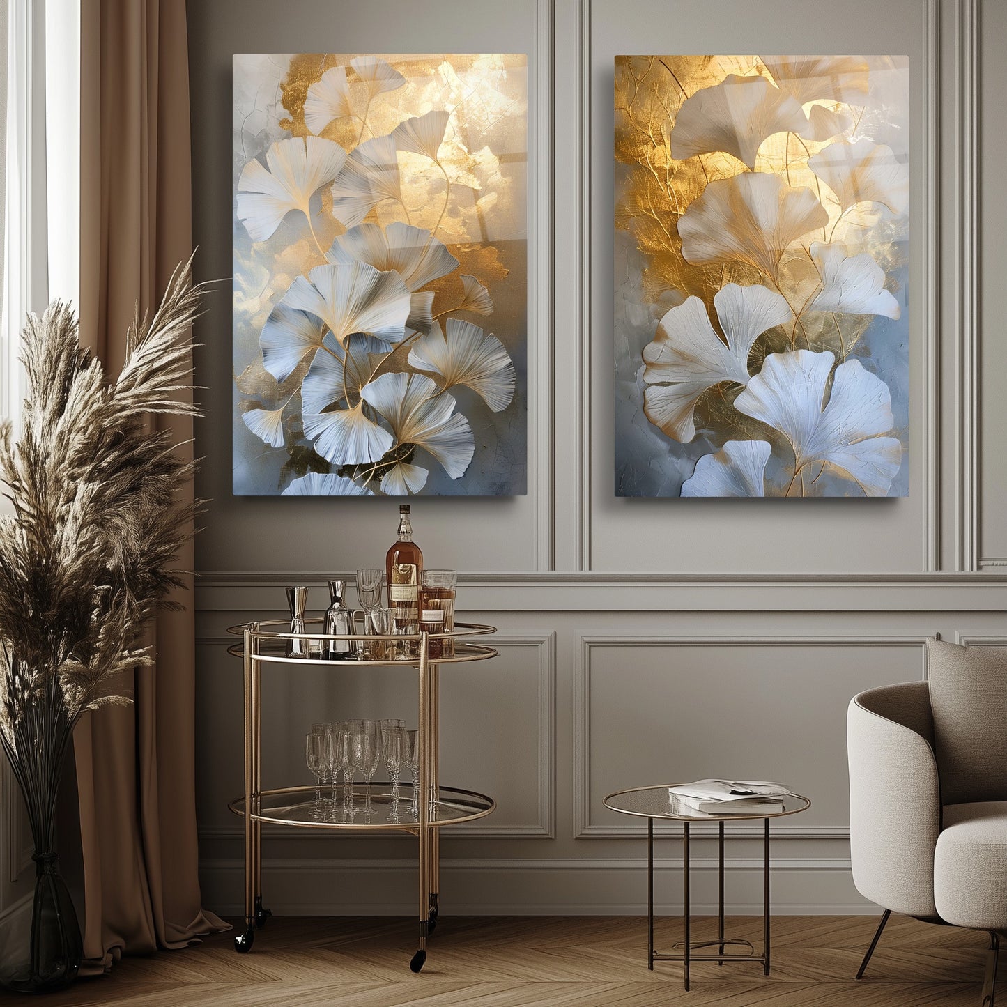 Gold Beyaz Çiçekler İkili Set Cam Tablo