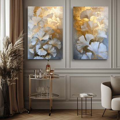 Gold Beyaz Çiçekler İkili Set Cam Tablo