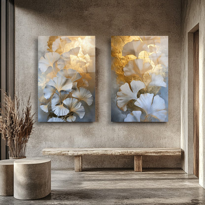 Gold Beyaz Çiçekler İkili Set Cam Tablo