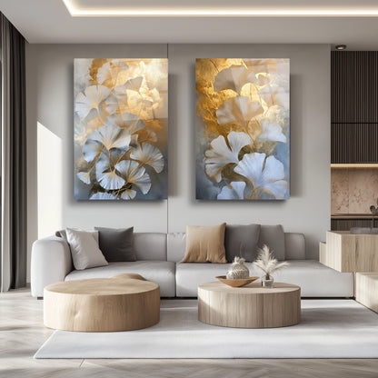 Gold Beyaz Çiçekler İkili Set Cam Tablo