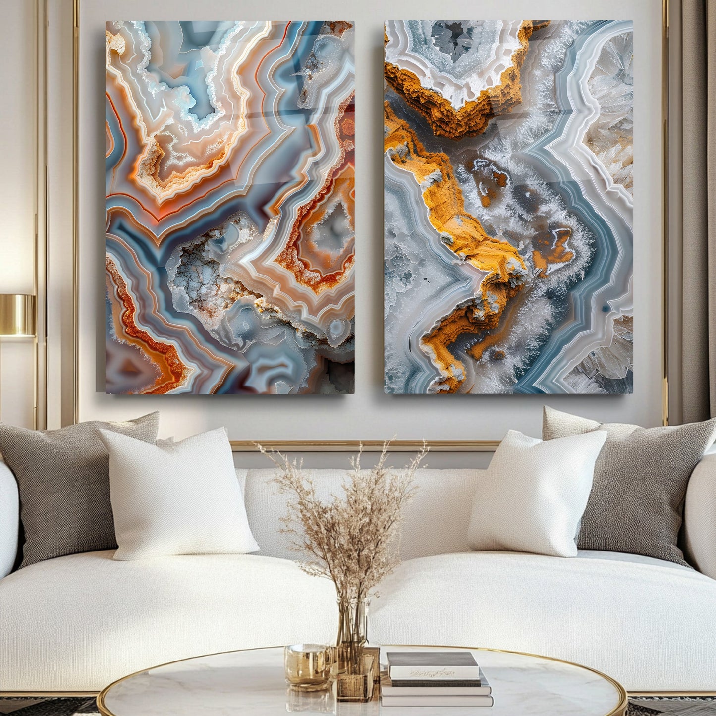 Renkli Mermer Desen İkili Set Cam Tablo