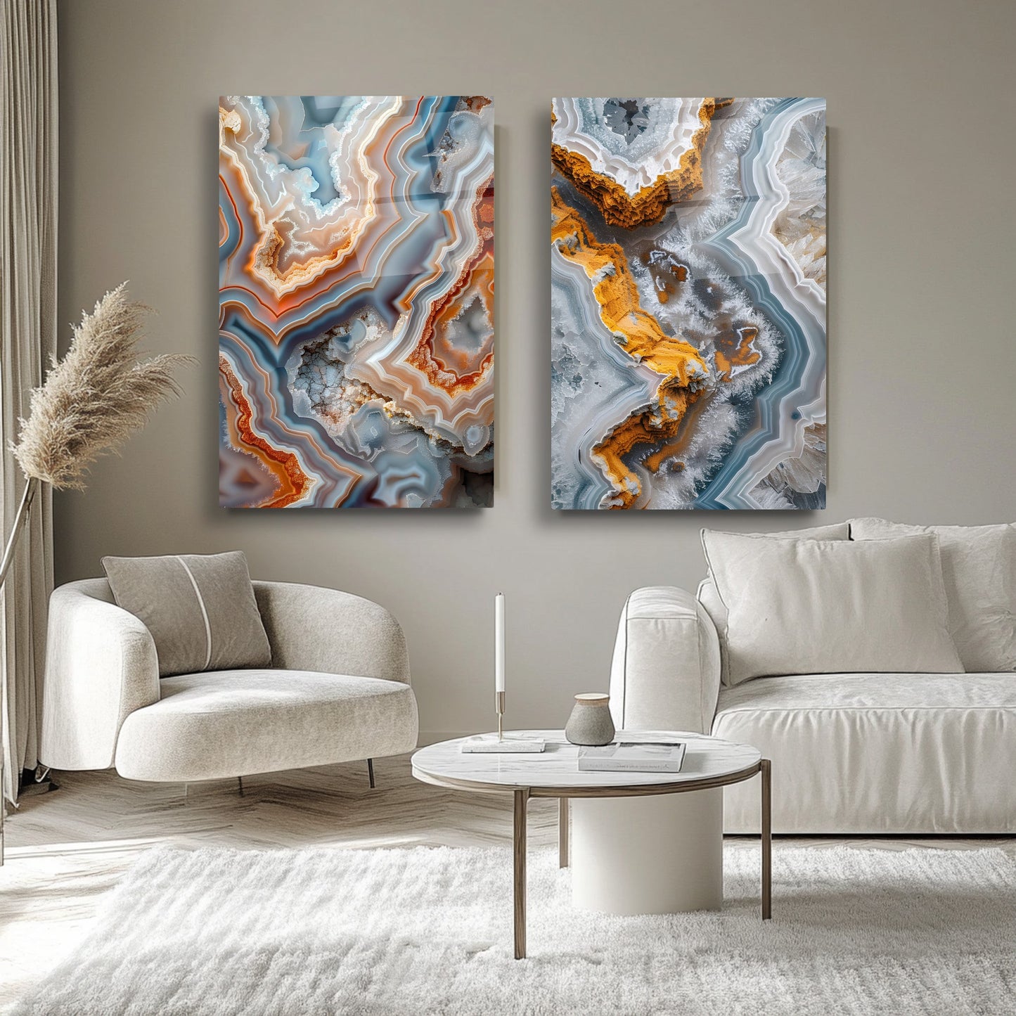 Renkli Mermer Desen İkili Set Cam Tablo