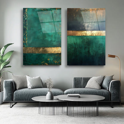 Soyut Gold Yeşil İkili Set Cam Tablo