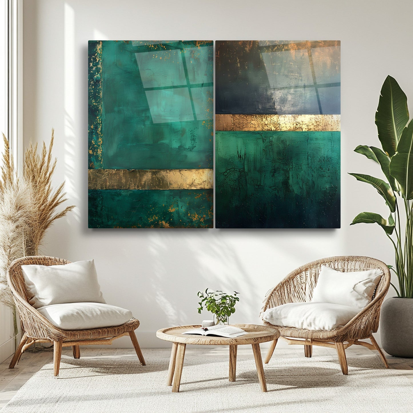 Soyut Gold Yeşil İkili Set Cam Tablo