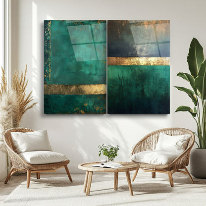 Soyut Gold Yeşil İkili Set Cam Tablo