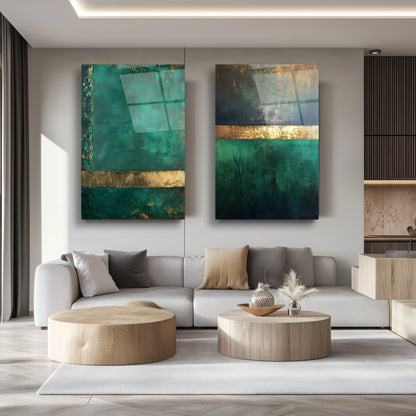 Soyut Gold Yeşil İkili Set Cam Tablo