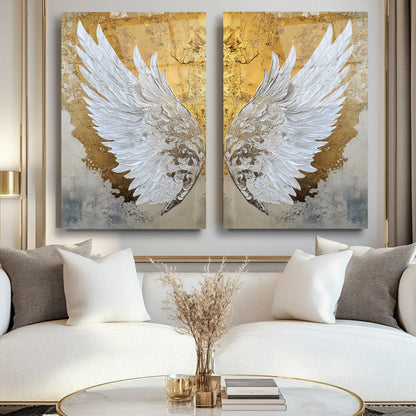 Gold Beyaz Melek Kanatları İkili Set Cam Tablo