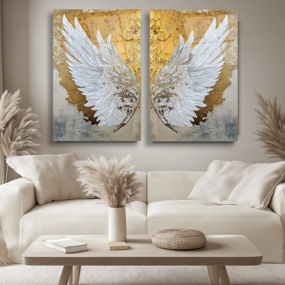 Gold Beyaz Melek Kanatları İkili Set Cam Tablo