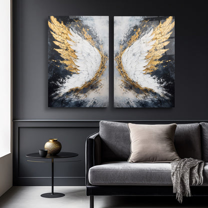 Gold Detay Melek Kanatları İkili Set Cam Tablo