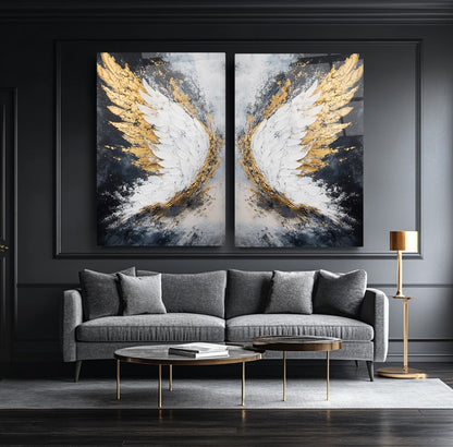 Gold Detay Melek Kanatları İkili Set Cam Tablo