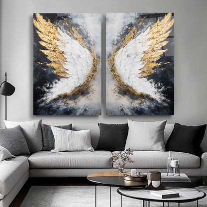 Gold Detay Melek Kanatları İkili Set Cam Tablo