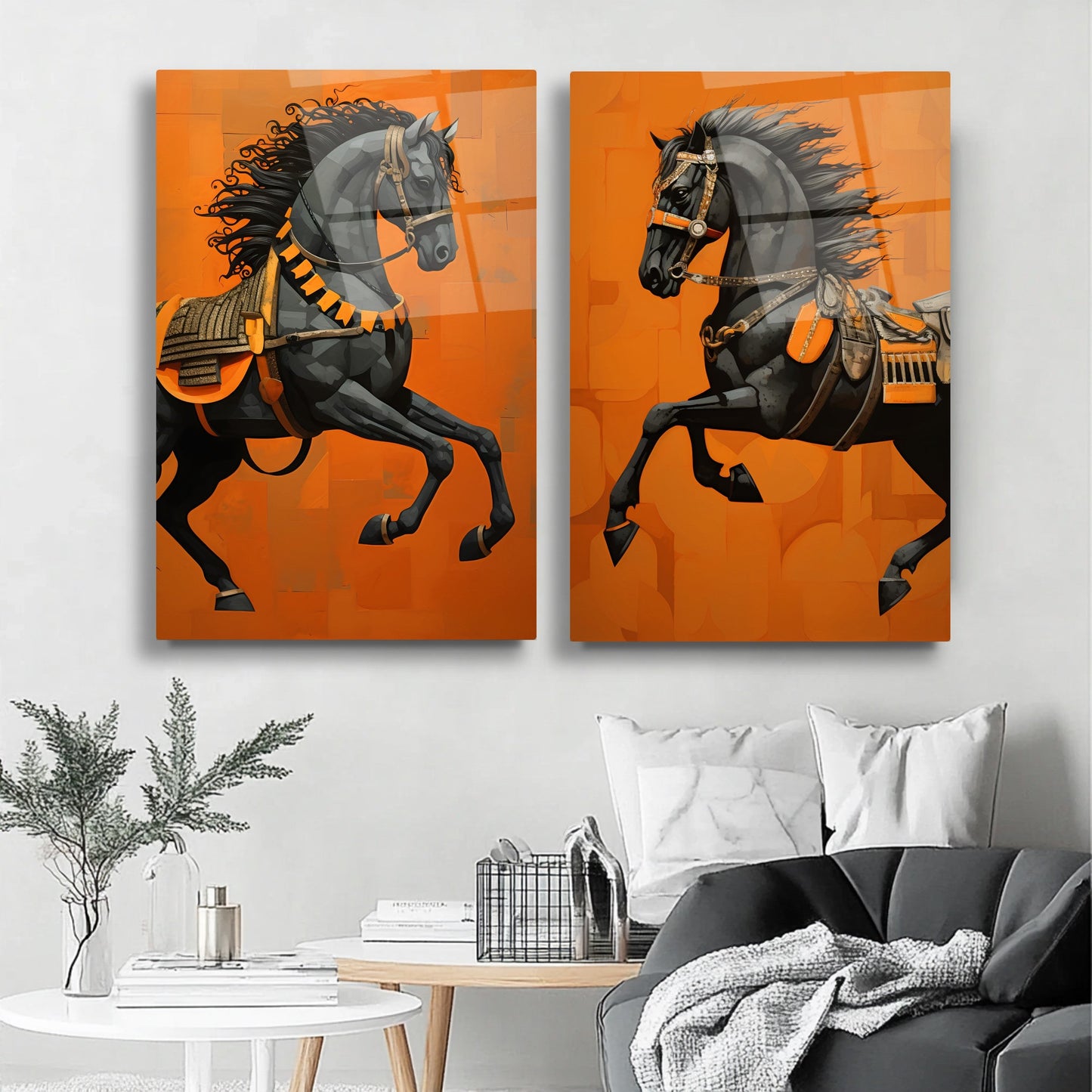 Turuncu Hermes Atları İkili Set Cam Tablo