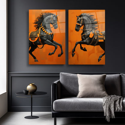 Turuncu Hermes Atları İkili Set Cam Tablo