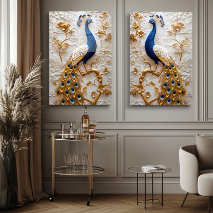 Mavi Gold Tavus Kuşları İkili Set Cam Tablo
