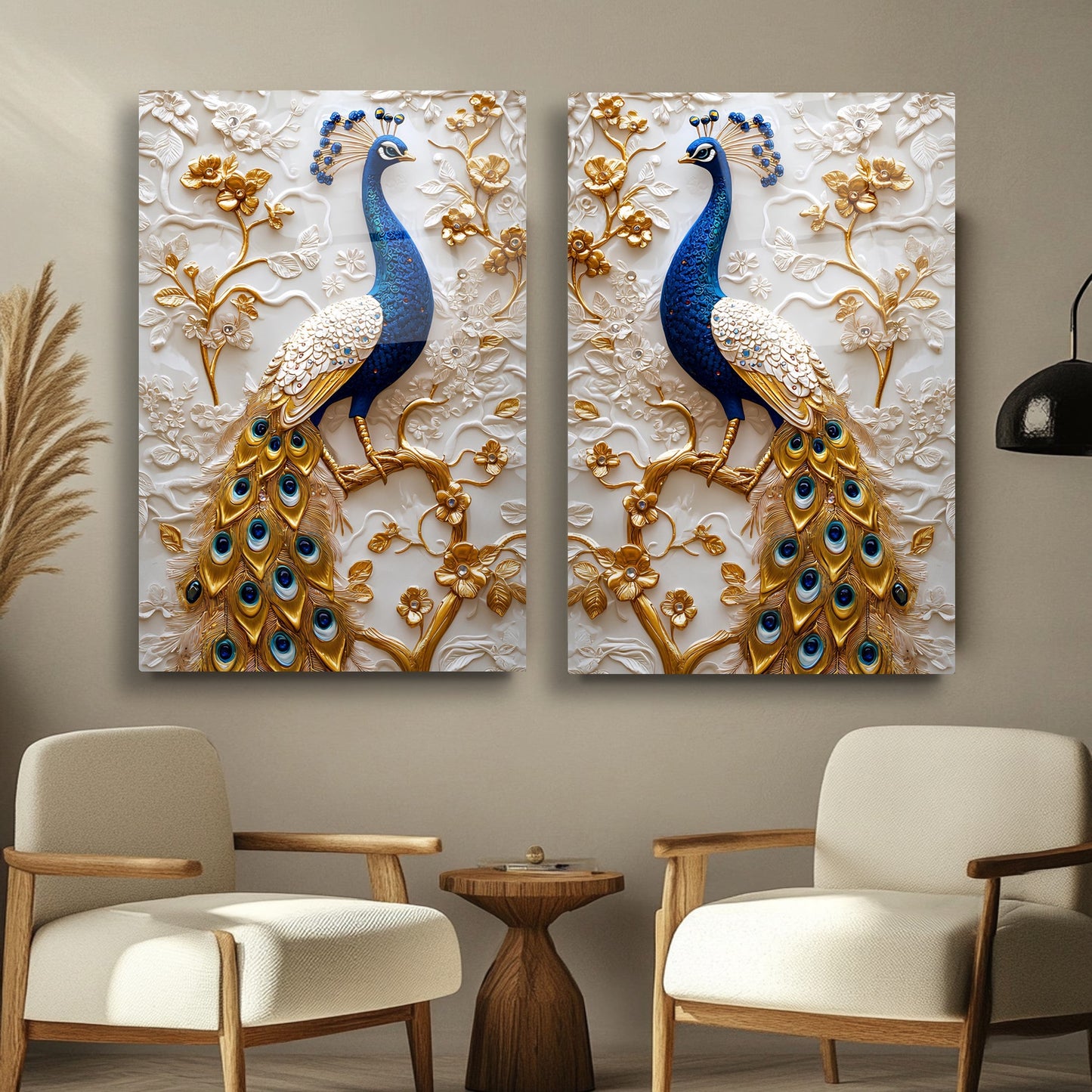 Mavi Gold Tavus Kuşları İkili Set Cam Tablo