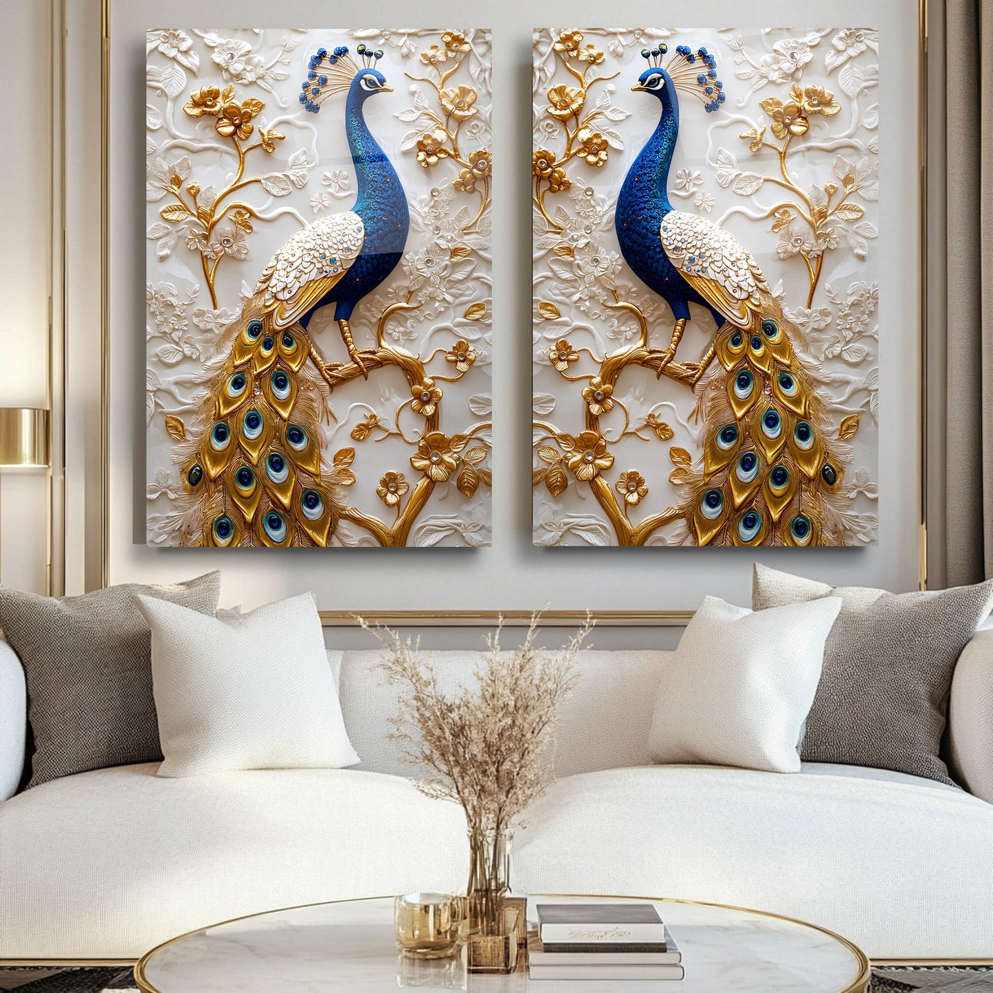 Mavi Gold Tavus Kuşları İkili Set Cam Tablo