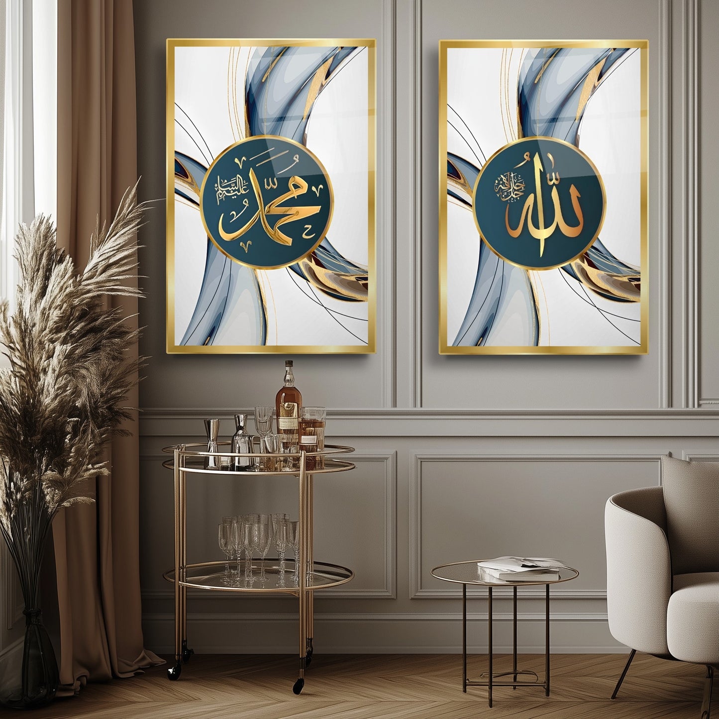 Allah Muhammed Lafzı İslami Dini İkili Set Cam Tablo