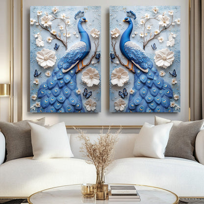 Mavi Tavus Kuşları İkili Set Cam Tablo