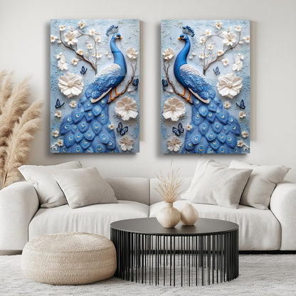 Mavi Tavus Kuşları İkili Set Cam Tablo