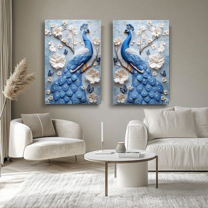 Mavi Tavus Kuşları İkili Set Cam Tablo