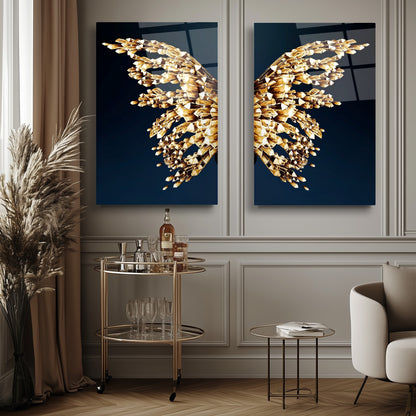 Gold Kristal Melek Kanatları İkili Set Cam Tablo