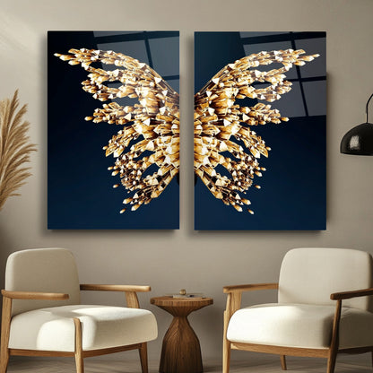 Gold Kristal Melek Kanatları İkili Set Cam Tablo