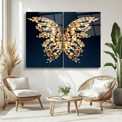 Gold Kristal Melek Kanatları İkili Set Cam Tablo