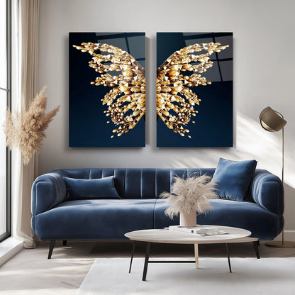 Gold Kristal Melek Kanatları İkili Set Cam Tablo