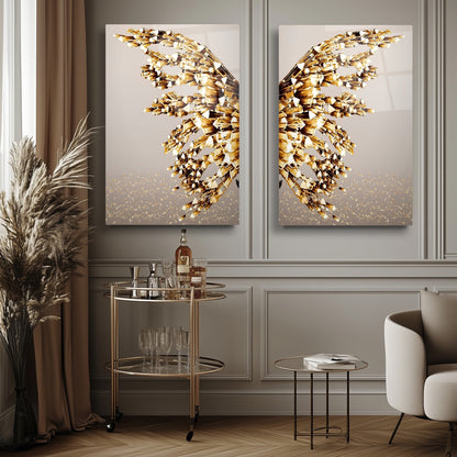 Gold Kristal Melek Kanatları İkili Set Cam Tablo