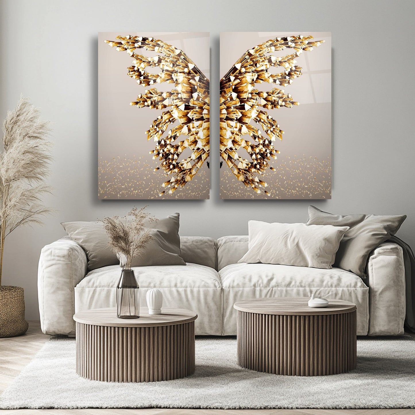 Gold Kristal Melek Kanatları İkili Set Cam Tablo