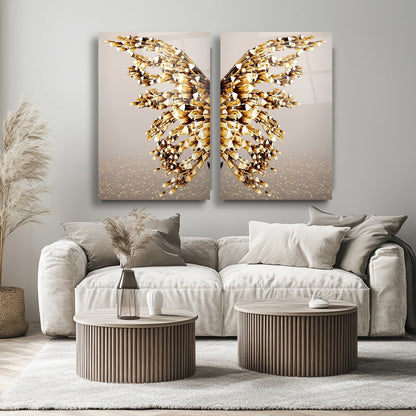Gold Kristal Melek Kanatları İkili Set Cam Tablo