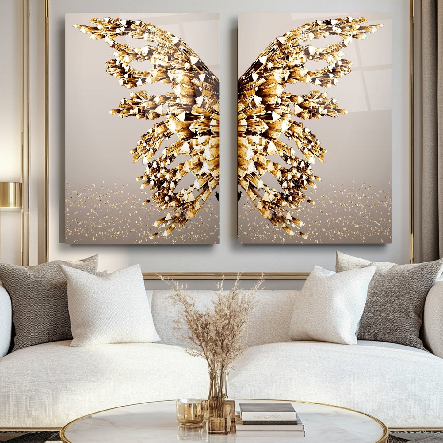 Gold Kristal Melek Kanatları İkili Set Cam Tablo