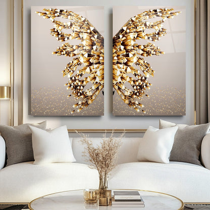 Gold Kristal Melek Kanatları İkili Set Cam Tablo