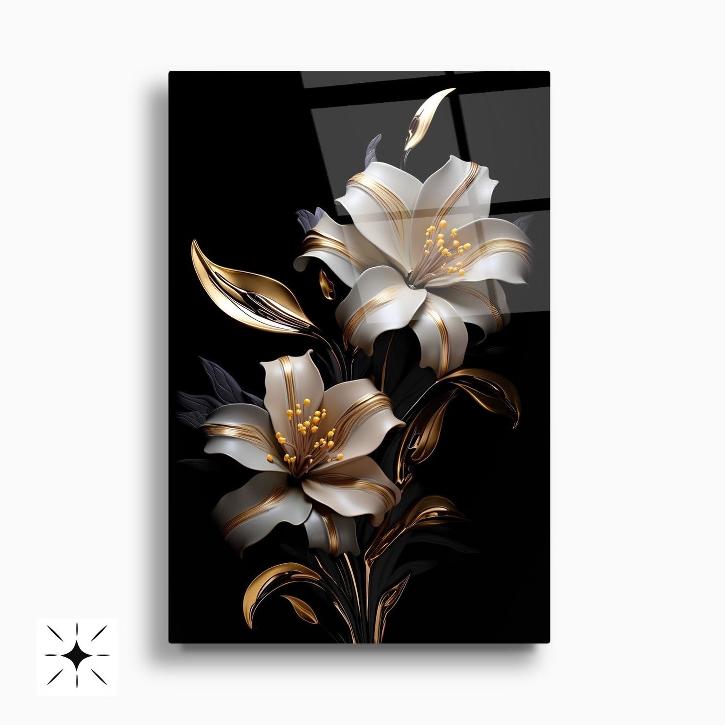 Beyaz Gold Çiçekler İkili Set Cam Tablo