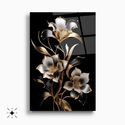 Beyaz Gold Çiçekler İkili Set Cam Tablo