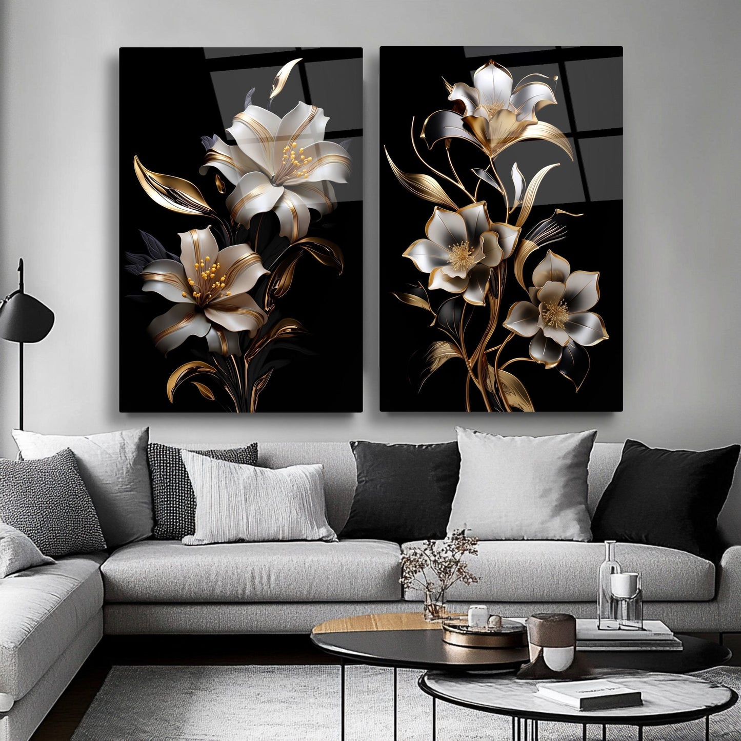 Beyaz Gold Çiçekler İkili Set Cam Tablo