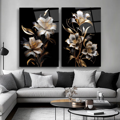 Beyaz Gold Çiçekler İkili Set Cam Tablo