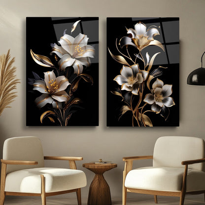 Beyaz Gold Çiçekler İkili Set Cam Tablo