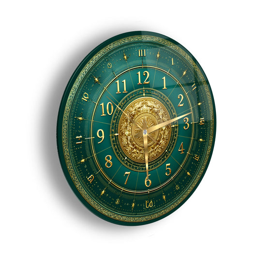 Yeşil Gold Detay Cam Duvar Saati