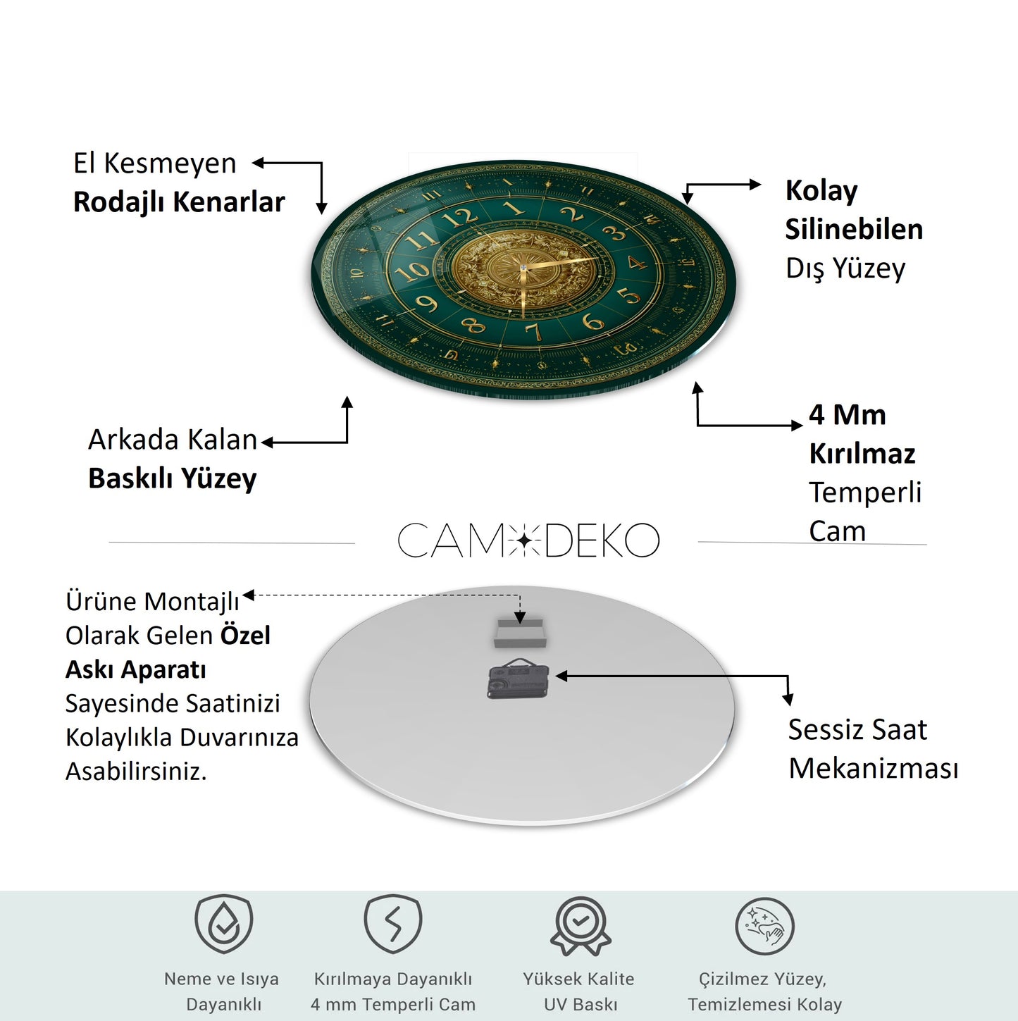 Yeşil Gold Detay Cam Duvar Saati