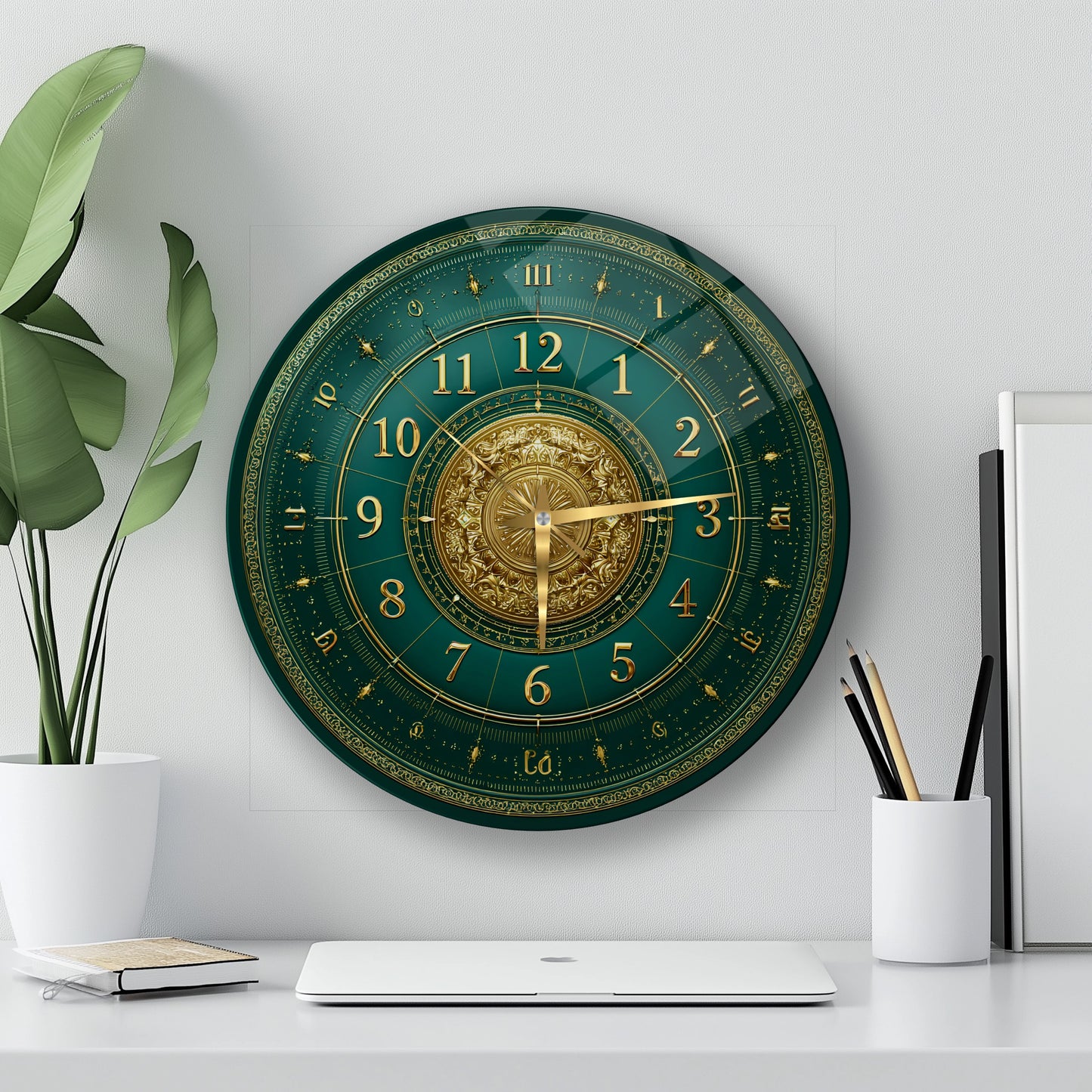 Yeşil Gold Detay Cam Duvar Saati