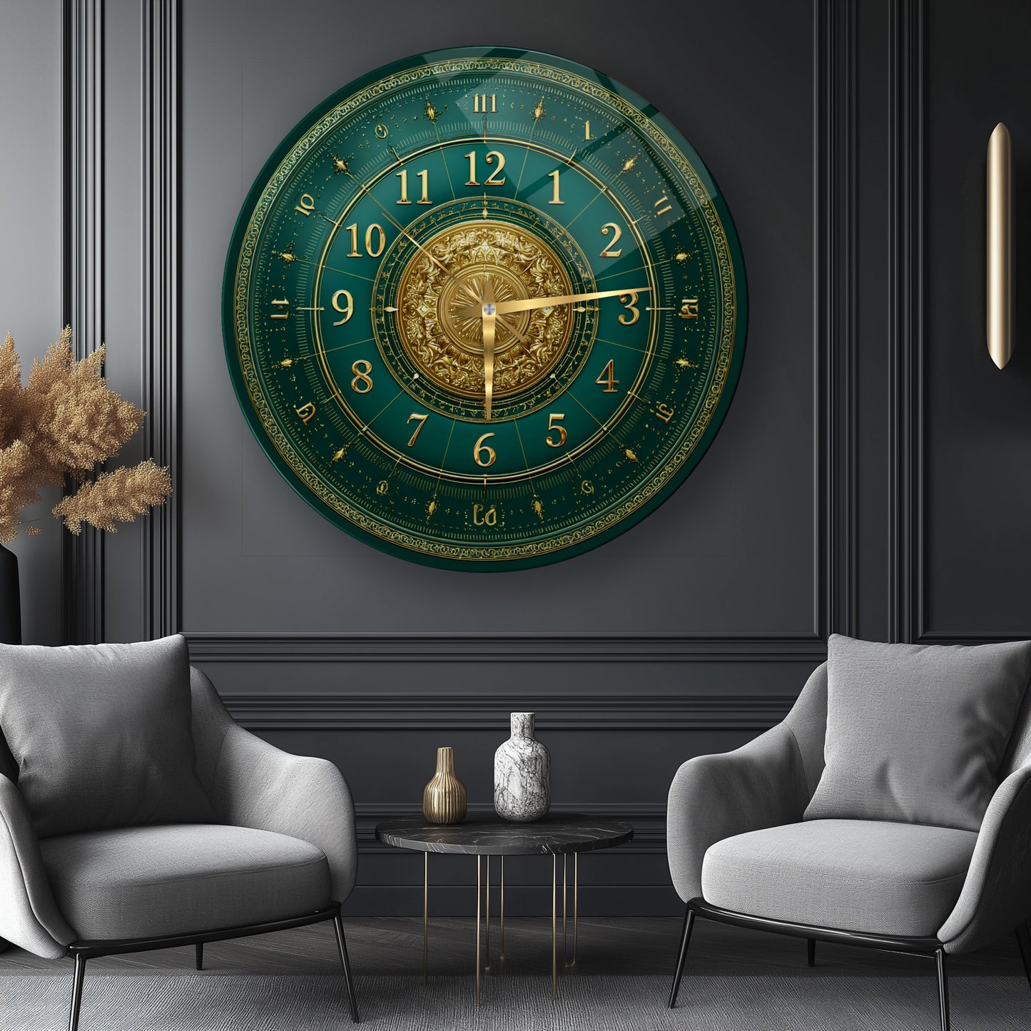 Yeşil Gold Detay Cam Duvar Saati