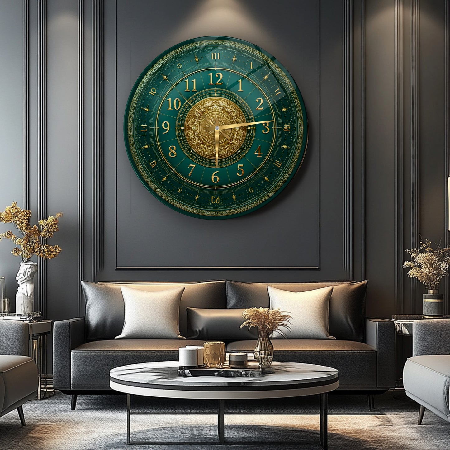 Yeşil Gold Detay Cam Duvar Saati