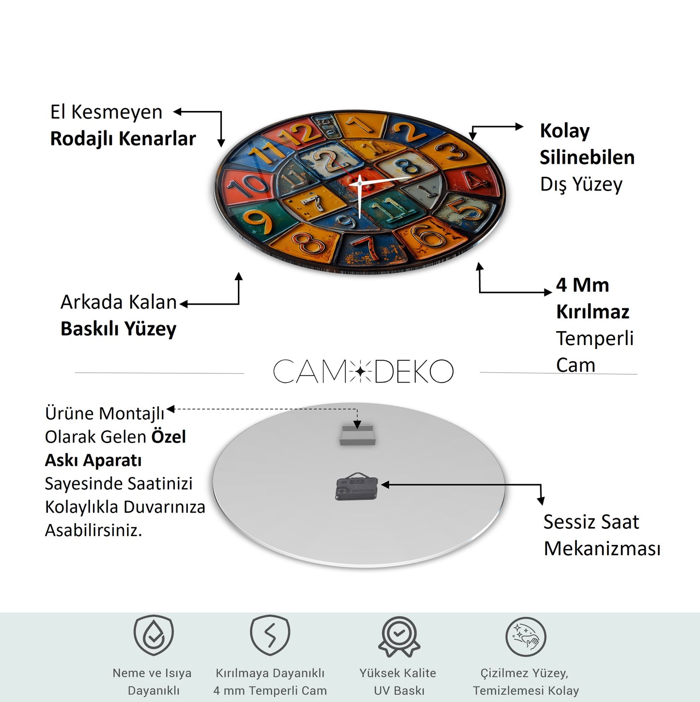 Renkli Retro Rakamlar Cam Tablo Saat