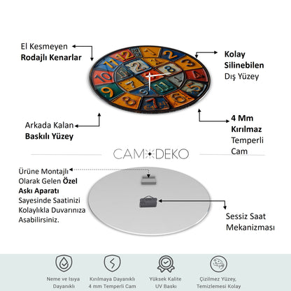 Renkli Retro Rakamlar Cam Tablo Saat