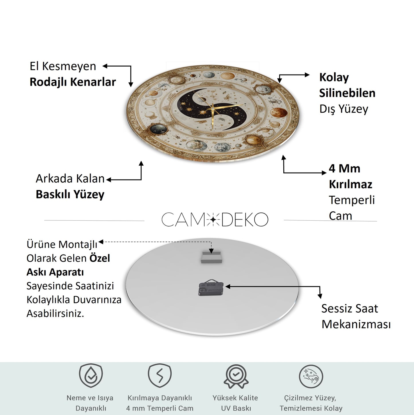 Ying Yang Gezegenler Cam Tablo Saat