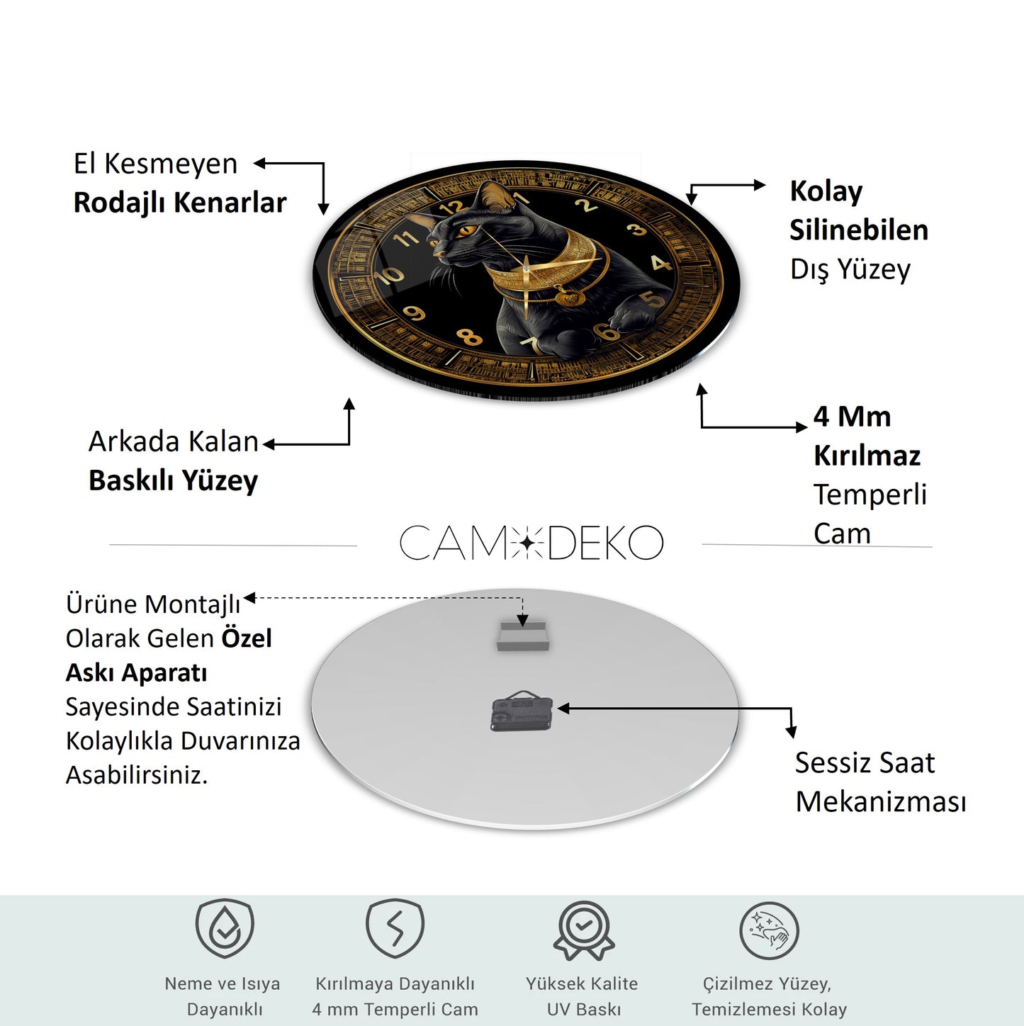 Siyah Mısır Kedisi Cam Tablo Saat