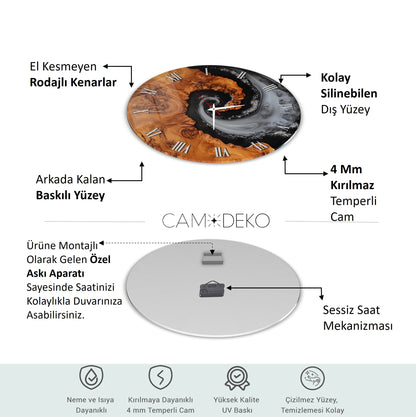 Soyut Ahşap Mermer Desen Cam Tablo Saat