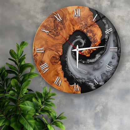 Soyut Ahşap Mermer Desen Cam Tablo Saat